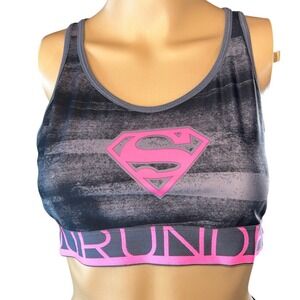 Under Armour Superman Sports Bra Gray Black Pink Logo Racerback Athletic Size L